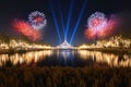 Happy New Year Fireworks Festival Event at King Rama9 Garden Park with laser light show, flowers, and lake in Bangkok City at Royalty Free Stock Photo