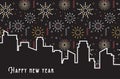 Happy New Year- 2021 . Fireworks over a city skyline. New Year, social media promotional content. Vector illustration