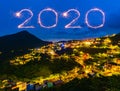 2020 happy new year fireworks over Jiufen old street city at night, Taiwan Royalty Free Stock Photo