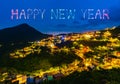 Happy new year fireworks over Jiufen old street city at night, Taiwan Royalty Free Stock Photo