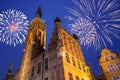 Happy New Year fireworks over Old Town of Gdansk. Royalty Free Stock Photo