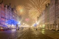 Happy New Year fireworks over Old Town of Gdansk. Royalty Free Stock Photo