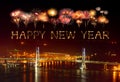 Happy New Year fireworks over Yokohama Bay Bridge  at night, Japan Royalty Free Stock Photo