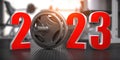 2023 Happy New Year in fitness bodybuilding workout gym. Number 2023 with barbell and oter spoirt equipment