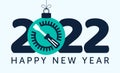 2022 happy new year. Fix new 2022 year concept with screwdriver gear in christmas ball hang on a thread on white background.