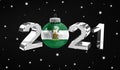Happy new Year 2021, flag of Andalusia on a christmas toy, decorations isolated on dark background. Creative christmas concept