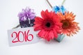 Happy new year 2016 with flower and tag isolated on a white background Royalty Free Stock Photo