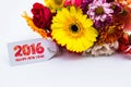 Happy new year 2016 with flower and tag isolated on a white background Royalty Free Stock Photo