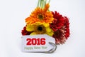 Happy new year 2016 with flower and tag isolated on a white background Royalty Free Stock Photo