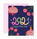 2021 happy new year, font with balls and holly berry banners
