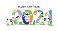 2021 and HAPPY NEW YEAR font with cow skin pattern on white background, Creative cute colorful paper cut art design for Greeting Royalty Free Stock Photo