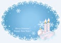 Happy New Year 2023. Frame with gift box, Christmas ball and candles, decorated with snowflakes. Royalty Free Stock Photo