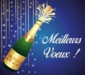 Best wishes ! French language. Golden and blue greeting card with champagne and party decorations. Vector illustration. Royalty Free Stock Photo