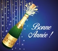 Happy new year ! French language. Golden and blue greeting card with champagne and party decorations. Vector illustration. Royalty Free Stock Photo