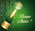 Happy new year ! French language. Golden and green greeting card with champagne and party decorations. Vector illustration. Royalty Free Stock Photo