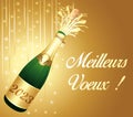 Best wishes ! French language. Golden greeting card with champagne and party decorations. Vector illustration. Royalty Free Stock Photo