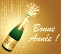 Happy new year ! French language. Golden greeting card with champagne and party decorations. Vector illustration. Royalty Free Stock Photo
