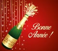 Happy New Year ! French language. Red and gold greeting card with champagne and party decorations. Vector illustration. Royalty Free Stock Photo