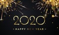 Happy New Year of glitter gold fireworks. Vector golden glittering text and 2020 numbers with sparkle shine, holiday greeting