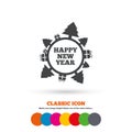 Happy new year globe sign icon. Gifts and trees