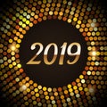 2019 Happy New Year glowing gold background in a disco style. Shining Gold party lights frame Vector illustration Royalty Free Stock Photo