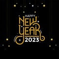 Happy New Year 2023 glowing golden number illustration with typography lettering and Christmas ball on dark background. Holiday de Royalty Free Stock Photo