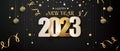 Happy New Year 2023 glowing golden number illustration with typography lettering and Christmas ball on dark background. Holiday de Royalty Free Stock Photo