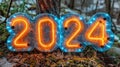 Happy New Year 2024. Glowing numbers on the background of the forest