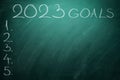 Happy new year 2023 Goals and expectations, text on black board. Chalk Board with to do list for upcoming time.