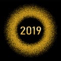 Happy New Year gold background. Golden number, circle, isolated black. Glitter, light sparkle, shimmer, shine confetti Royalty Free Stock Photo