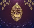 Happy new year and gold ball purple classic background.