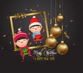 Happy New Year 2020 Gold And Black Collors Place For Text Christmas Balls And Kids