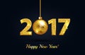 Happy New Year 2017 gold on a black greeting card background with gold christmas ball and gold sparkle text. Vector Royalty Free Stock Photo