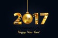 Happy New Year 2017 gold on a black greeting card background with gold christmas ball and gold sparkle text. Vector illustration Royalty Free Stock Photo