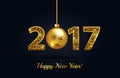 Happy New Year 2017 gold on a black greeting card background with gold christmas ball and gold sparkle text. Vector illustration Royalty Free Stock Photo