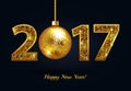 Happy New Year 2017 gold on a black greeting card background with gold christmas ball and gold sparkle text. Vector illustration Royalty Free Stock Photo