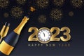 Happy new year 2023 gold champagne bottle open. greeting card or elegant holiday party invitation. vector illustration design Royalty Free Stock Photo