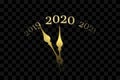 Happy New year 2020. Gold clock, arrows, isolated black transparent background. Golden design holiday banner, Christmas Royalty Free Stock Photo