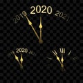 Happy New year 2020. Gold clock, arrows, isolated black transparent background. Golden design holiday banner, Christmas Royalty Free Stock Photo