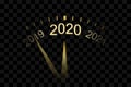 Happy New year 2020. Gold clock, arrows, isolated black transparent background. Golden design holiday banner, Christmas Royalty Free Stock Photo