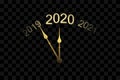 Happy New year 2020. Gold clock, arrows, isolated black transparent background. Golden design holiday banner, Christmas Royalty Free Stock Photo