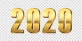 Happy New Year 2020. Gold 3D number isolated white transparent background. Bright golden design greeting card, Christmas