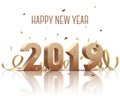 Happy New Year 2019. Gold 3D-numbers with ribbons and confetti on white background. Royalty Free Stock Photo