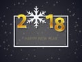 2018 Happy New Year gold 3D text with the frame on the Christmas dark flat background with falling snow. Royalty Free Stock Photo