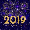 2019 Happy New Year. Gold fireworks and stars on dark blue background. New Year 2019 greeting card. Background with golden number Royalty Free Stock Photo