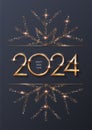 Happy New Year 2024 with gold frame and snowflake. Shining with sparkles numbers and border Merry Christmas card on grey Royalty Free Stock Photo