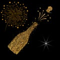 Happy new year. Gold glitter 2019. Champagne icon. Silhouette of a champagne bottle. Vector