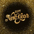 Happy New Year gold glitter lettering with frame from golden dot