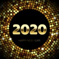 2020 Happy New Year of gold glitter and sequins confetti circle. Vector golden glittering text and numbers with sparkle shine