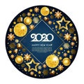 2020, Happy New Year, gold. Greeting card with text 2020 with christmas ball. Background, banner, poster. Vector Royalty Free Stock Photo